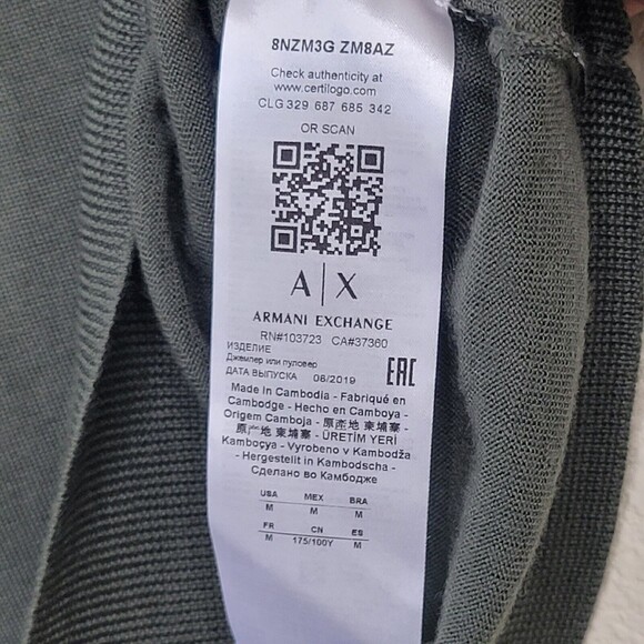 Armani Exchange Virgin Wool V-Neck Sweater Mens Med Green Preppy Lightweight - Picture 7 of 12